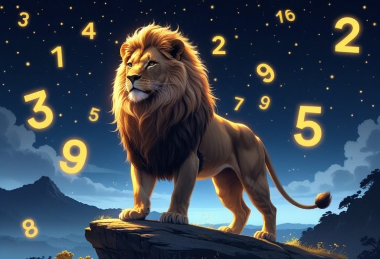 Um leão majestoso em um rochedo sob um céu estrelado, com números brilhantes flutuando ao seu redor.
