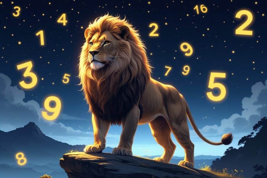 Um leão majestoso em um rochedo sob um céu estrelado, com números brilhantes flutuando ao seu redor.