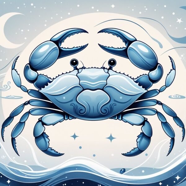 Ilustração de um caranguejo estilizado com elementos aquáticos e um fundo celeste com estrelas e lua crescente.
