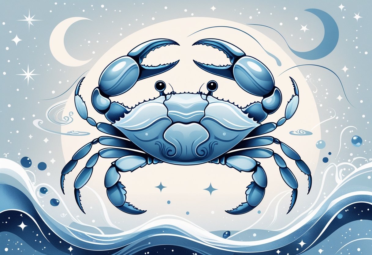 Ilustração de um caranguejo estilizado com elementos aquáticos e um fundo celeste com estrelas e lua crescente.