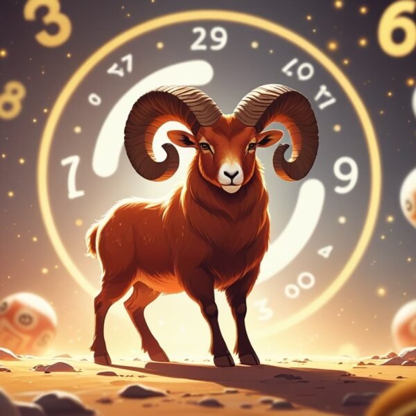 Um carneiro forte simbolizando o signo de Áries, rodeado por elementos que representam sorte e números, em um fundo abstrato com tons quentes.