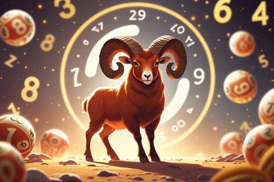 Um carneiro forte simbolizando o signo de Áries, rodeado por elementos que representam sorte e números, em um fundo abstrato com tons quentes.