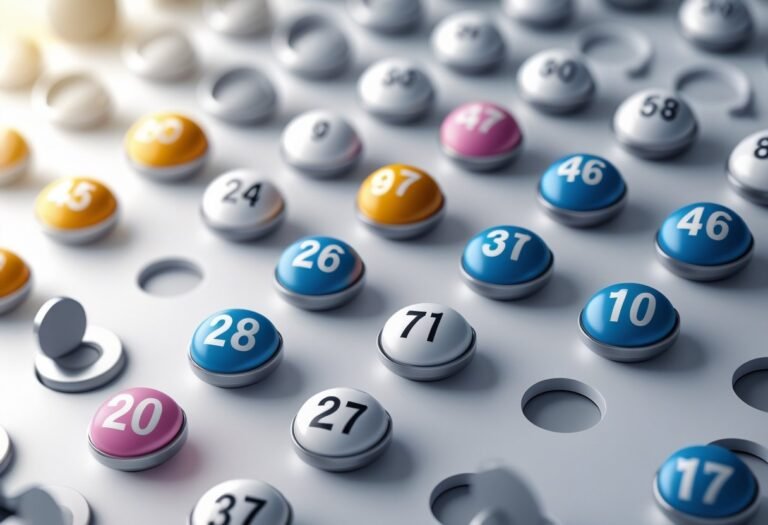 Ilustração de uma placa de loteria com 20 bolas numeradas destacadas para mostrar as dezenas mais atrasadas.