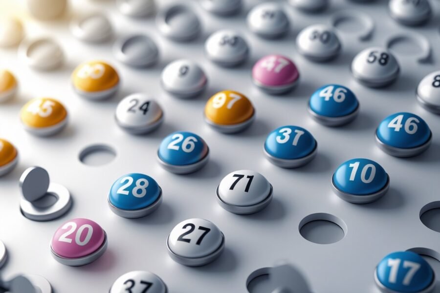 Ilustração de uma placa de loteria com 20 bolas numeradas destacadas para mostrar as dezenas mais atrasadas.