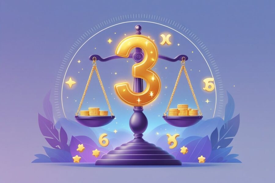 Balança simbolizando Libra com um número brilhante representando o número da sorte, rodeada por estrelas e símbolos astrológicos, sobre um fundo com padrões sutis relacionados ao jogo do bicho.