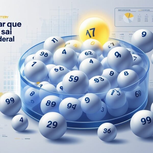 Cena mostrando uma urna de loteria transparente cheia de bolas numeradas, com uma bola destacada representando o número mais sorteado na loteria federal.