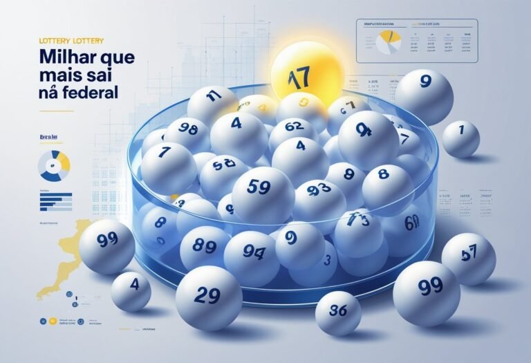 Cena mostrando uma urna de loteria transparente cheia de bolas numeradas, com uma bola destacada representando o número mais sorteado na loteria federal.