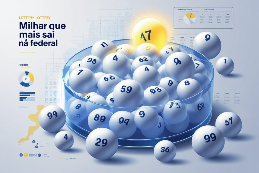 Cena mostrando uma urna de loteria transparente cheia de bolas numeradas, com uma bola destacada representando o número mais sorteado na loteria federal.