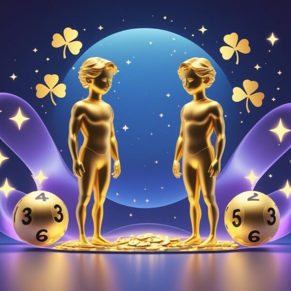 Figura de dois gêmeos dourados lado a lado, rodeados por símbolos de sorte como trevos e estrelas, com fundo em tons de azul e roxo.