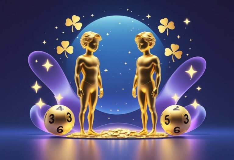 Figura de dois gêmeos dourados lado a lado, rodeados por símbolos de sorte como trevos e estrelas, com fundo em tons de azul e roxo.