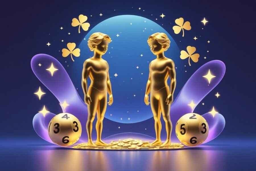 Figura de dois gêmeos dourados lado a lado, rodeados por símbolos de sorte como trevos e estrelas, com fundo em tons de azul e roxo.