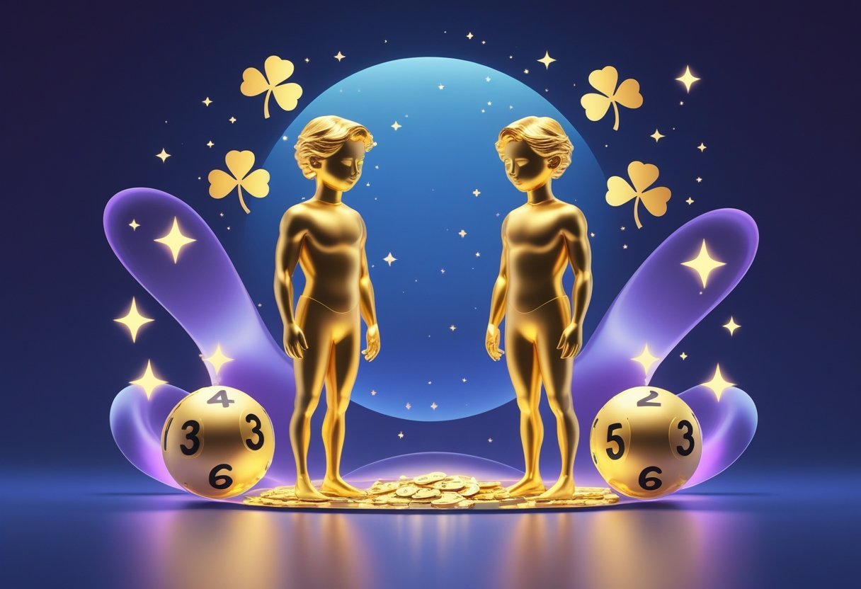 Figura de dois gêmeos dourados lado a lado, rodeados por símbolos de sorte como trevos e estrelas, com fundo em tons de azul e roxo.