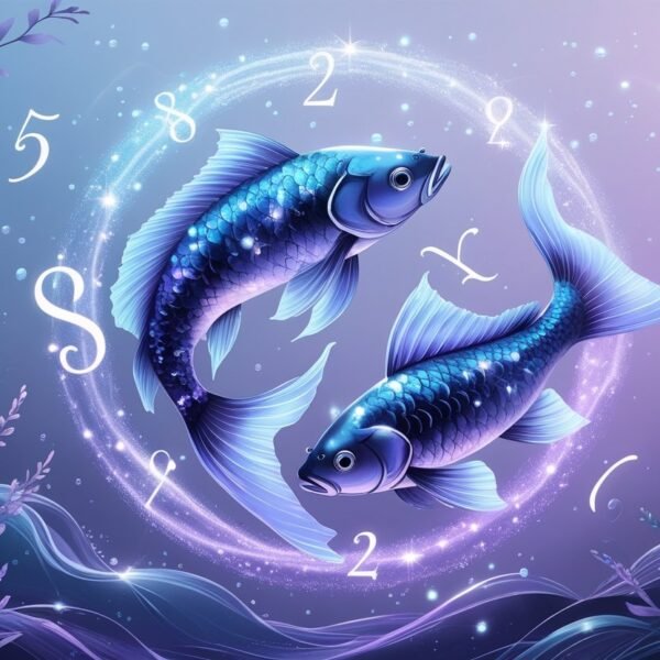 Ilustração de dois peixes nadando em círculo com números brilhantes ao redor, em um ambiente subaquático com plantas e ondas suaves.