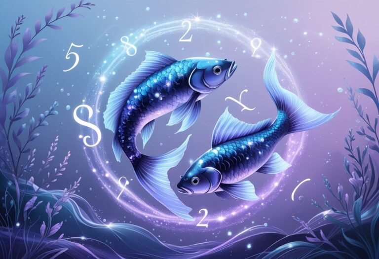 Ilustração de dois peixes nadando em círculo com números brilhantes ao redor, em um ambiente subaquático com plantas e ondas suaves.