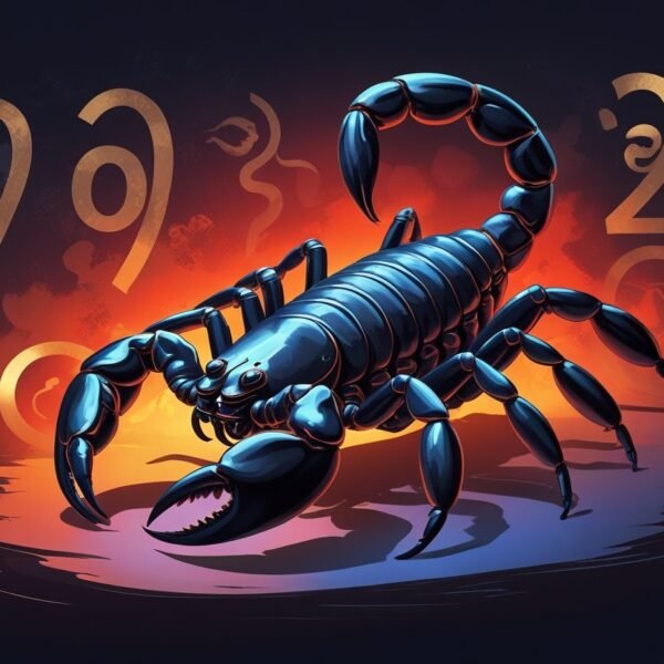 Ilustração de um escorpião detalhado com elementos abstratos ao redor que remetem ao jogo do bicho, em um fundo com tons escuros e avermelhados.