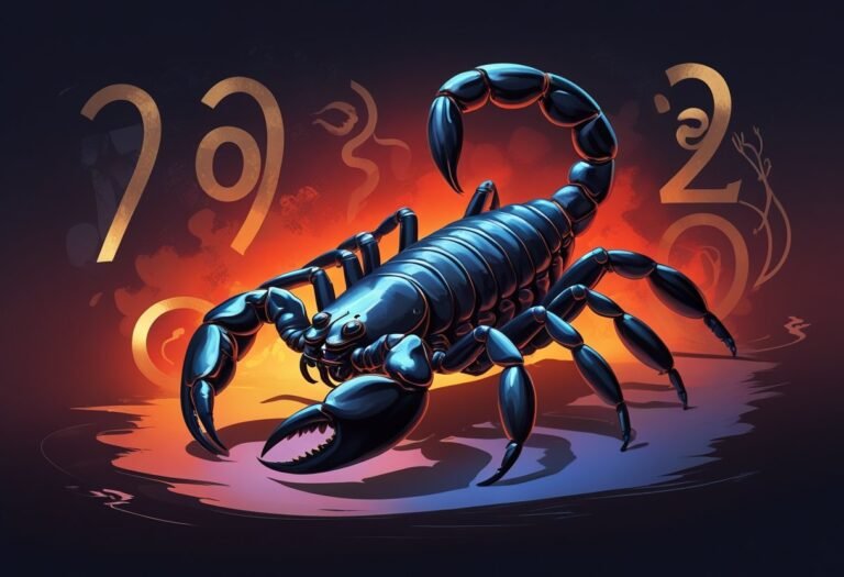 Ilustração de um escorpião detalhado com elementos abstratos ao redor que remetem ao jogo do bicho, em um fundo com tons escuros e avermelhados.