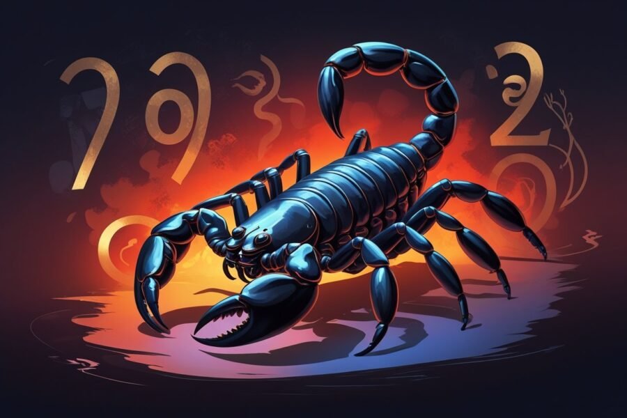 Ilustração de um escorpião detalhado com elementos abstratos ao redor que remetem ao jogo do bicho, em um fundo com tons escuros e avermelhados.