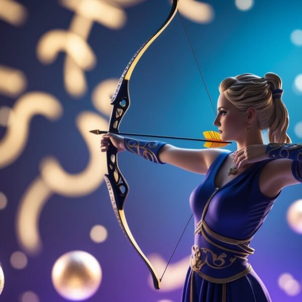 Representação do signo de sagitário com um arqueiro segurando arco e flecha, cercado por elementos que representam números e sorte.