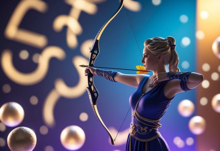 Representação do signo de sagitário com um arqueiro segurando arco e flecha, cercado por elementos que representam números e sorte.