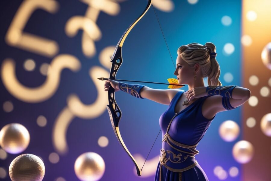 Representação do signo de sagitário com um arqueiro segurando arco e flecha, cercado por elementos que representam números e sorte.