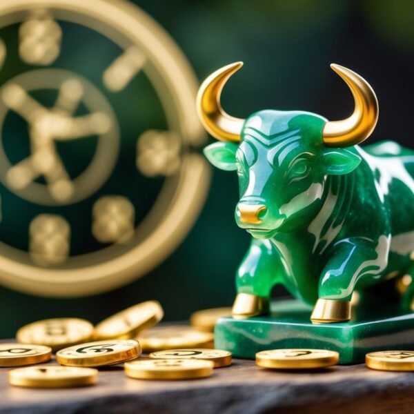 Figurinha de touro verde sobre uma superfície de madeira com números dourados ao redor, com uma representação suave do zodíaco ao fundo.