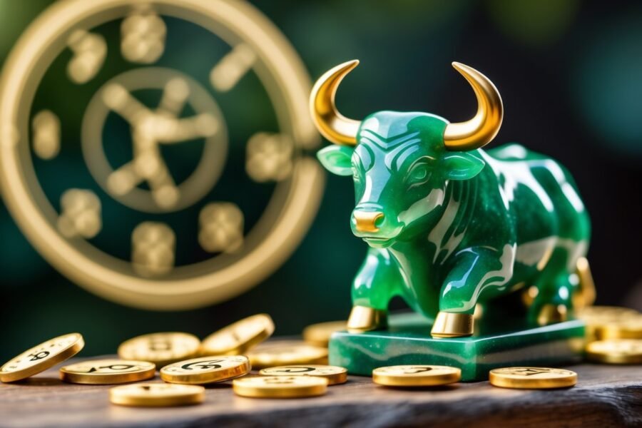 Figurinha de touro verde sobre uma superfície de madeira com números dourados ao redor, com uma representação suave do zodíaco ao fundo.