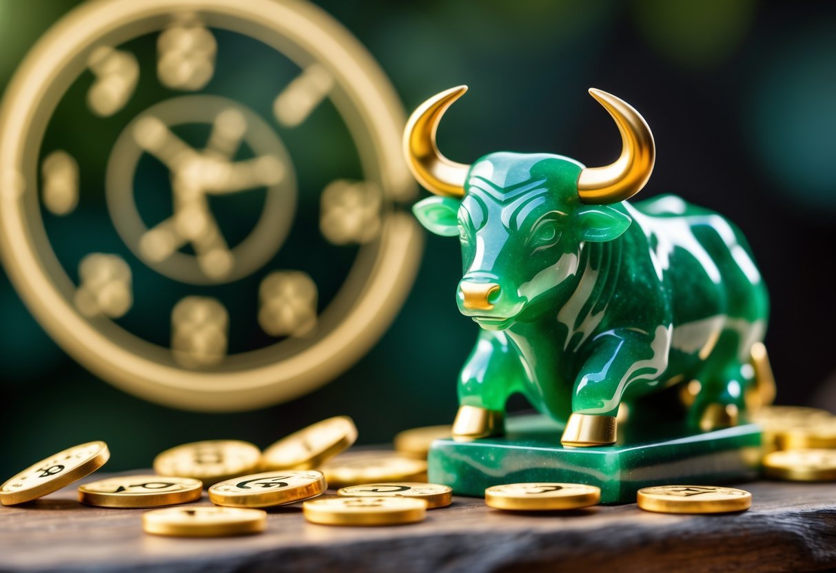 Figurinha de touro verde sobre uma superfície de madeira com números dourados ao redor, com uma representação suave do zodíaco ao fundo.