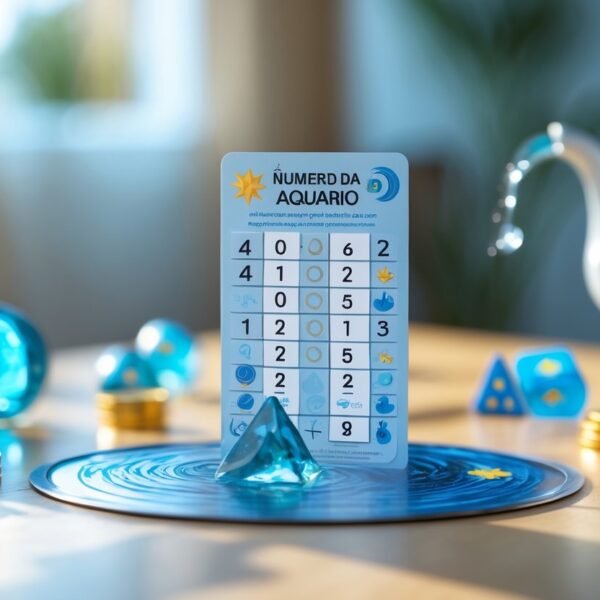 Cartão de jogo do bicho com símbolos do signo de aquário e elementos associados à sorte sobre uma mesa de madeira.