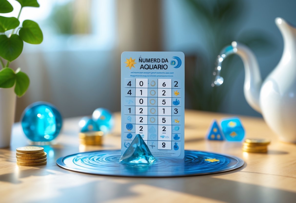 Cartão de jogo do bicho com símbolos do signo de aquário e elementos associados à sorte sobre uma mesa de madeira.