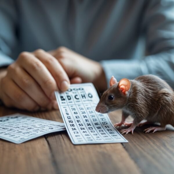 Pessoa olhando para um bilhete de aposta sobre a mesa com um rato próximo, simbolizando sonho com rato e jogo do bicho.