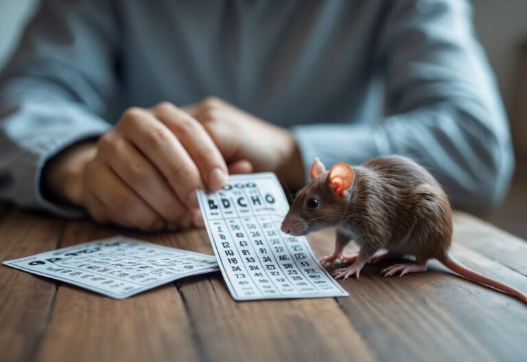 Pessoa olhando para um bilhete de aposta sobre a mesa com um rato próximo, simbolizando sonho com rato e jogo do bicho.