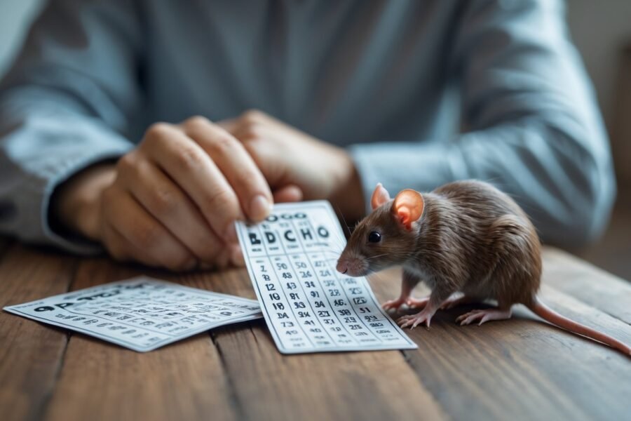 Pessoa olhando para um bilhete de aposta sobre a mesa com um rato próximo, simbolizando sonho com rato e jogo do bicho.
