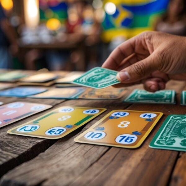 Mesa de madeira com cartas numeradas do jogo do bicho, dinheiro em papel e moedas ao lado, e uma mão fazendo apostas.