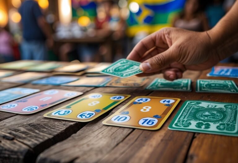Mesa de madeira com cartas numeradas do jogo do bicho, dinheiro em papel e moedas ao lado, e uma mão fazendo apostas.