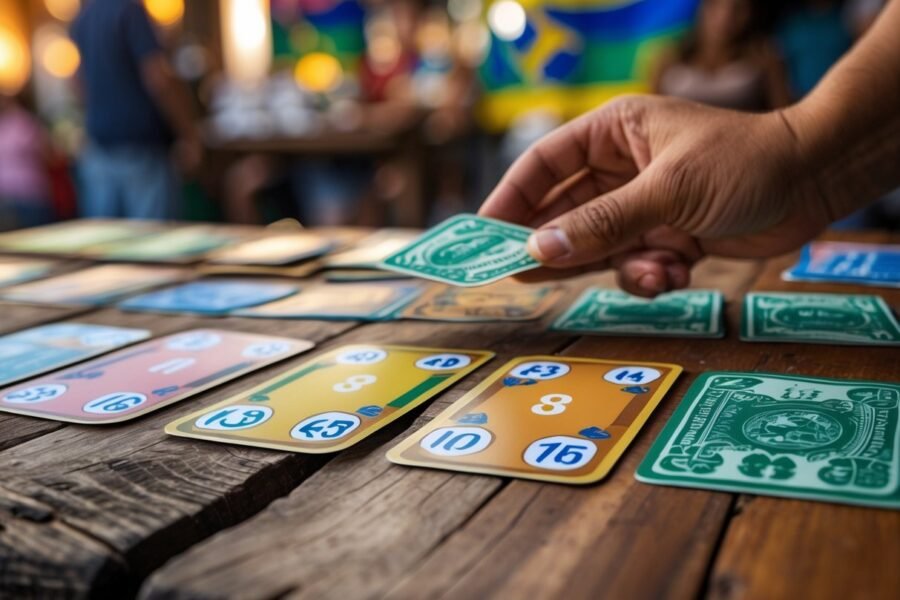Mesa de madeira com cartas numeradas do jogo do bicho, dinheiro em papel e moedas ao lado, e uma mão fazendo apostas.