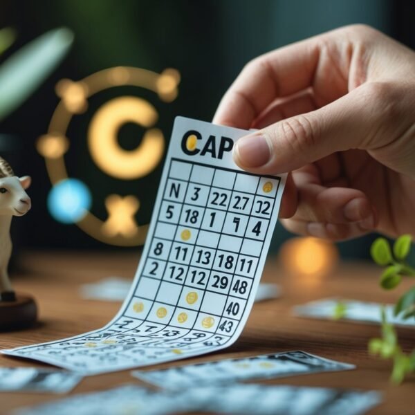 Mão segurando um bilhete de jogo com elementos do signo de Capricórnio ao fundo sobre uma mesa de madeira.