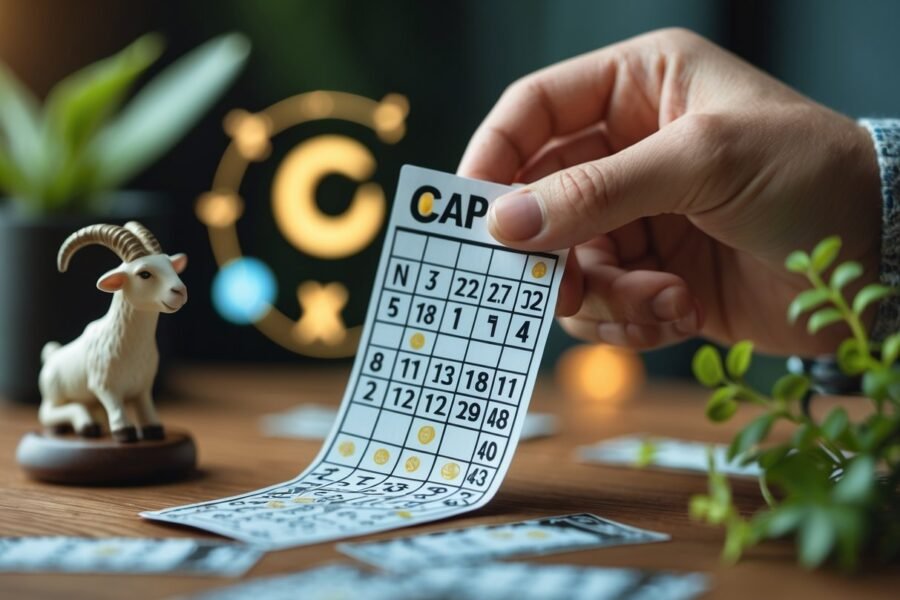 Mão segurando um bilhete de jogo com elementos do signo de Capricórnio ao fundo sobre uma mesa de madeira.