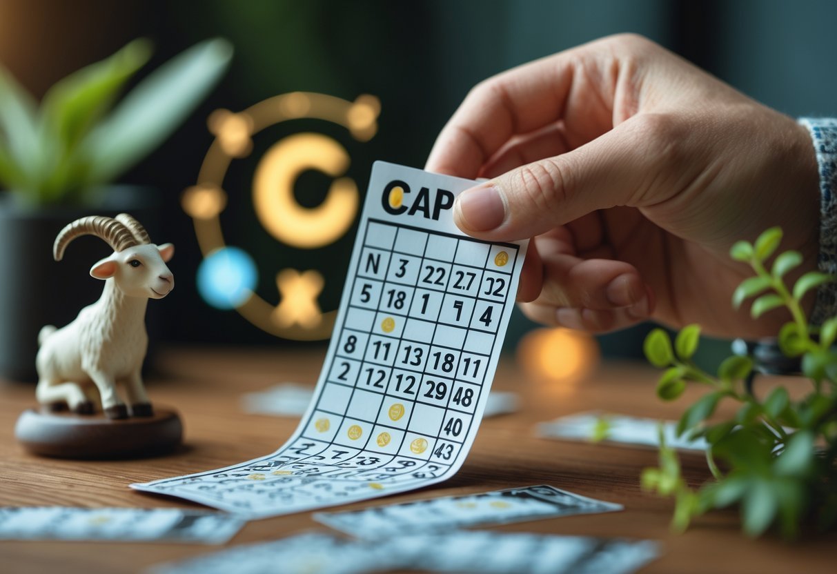 Mão segurando um bilhete de jogo com elementos do signo de Capricórnio ao fundo sobre uma mesa de madeira.