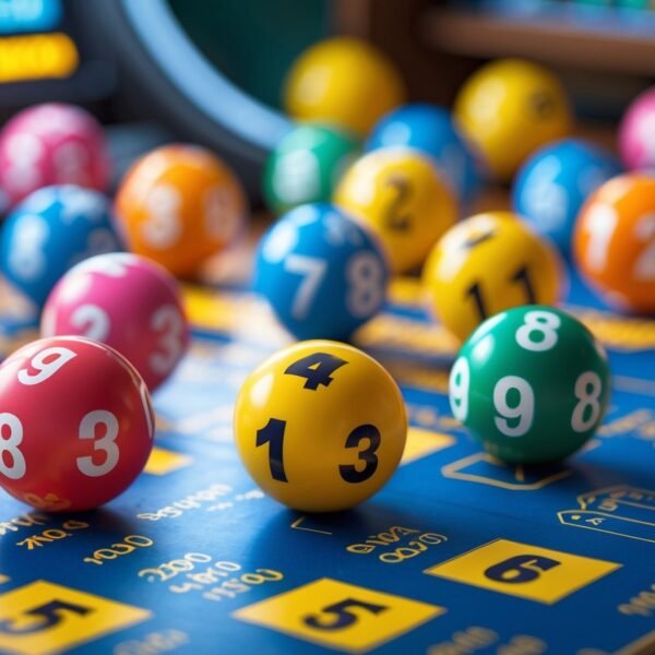Cena mostrando bolas coloridas numeradas e bilhetes relacionados ao jogo do bicho, em ambiente de loteria.