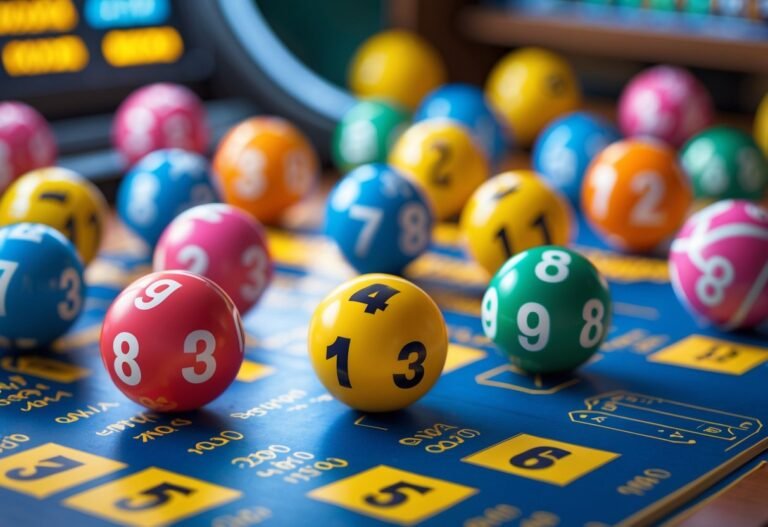 Cena mostrando bolas coloridas numeradas e bilhetes relacionados ao jogo do bicho, em ambiente de loteria.