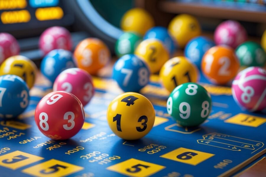 Cena mostrando bolas coloridas numeradas e bilhetes relacionados ao jogo do bicho, em ambiente de loteria.