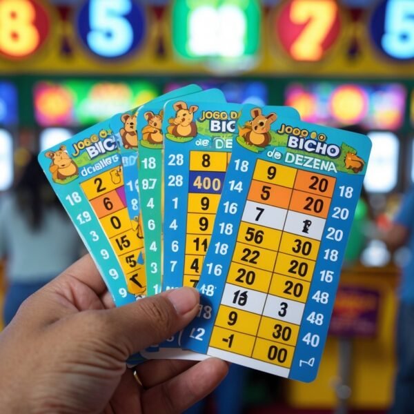 Mão segurando bilhetes de apostas coloridos do jogo do bicho com números e figuras de animais, em um ambiente de casa de apostas.