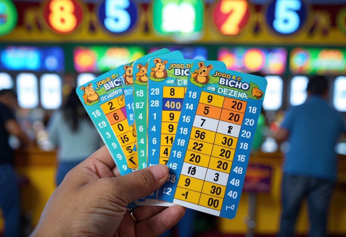 Mão segurando bilhetes de apostas coloridos do jogo do bicho com números e figuras de animais, em um ambiente de casa de apostas.