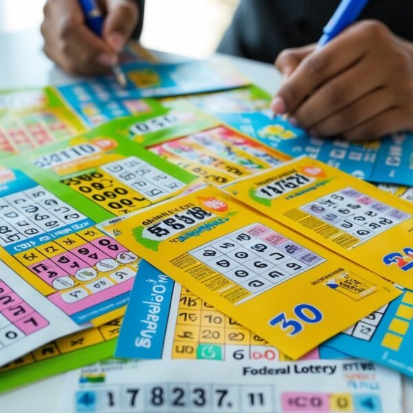 Muitas apostas da loteria federal espalhadas sobre uma superfície, com uma mão segurando uma caneta marcando números em um bilhete.