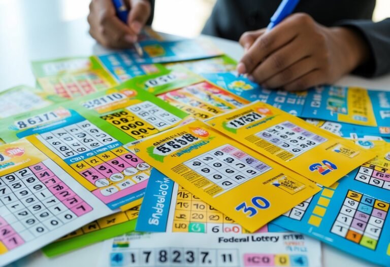 Muitas apostas da loteria federal espalhadas sobre uma superfície, com uma mão segurando uma caneta marcando números em um bilhete.