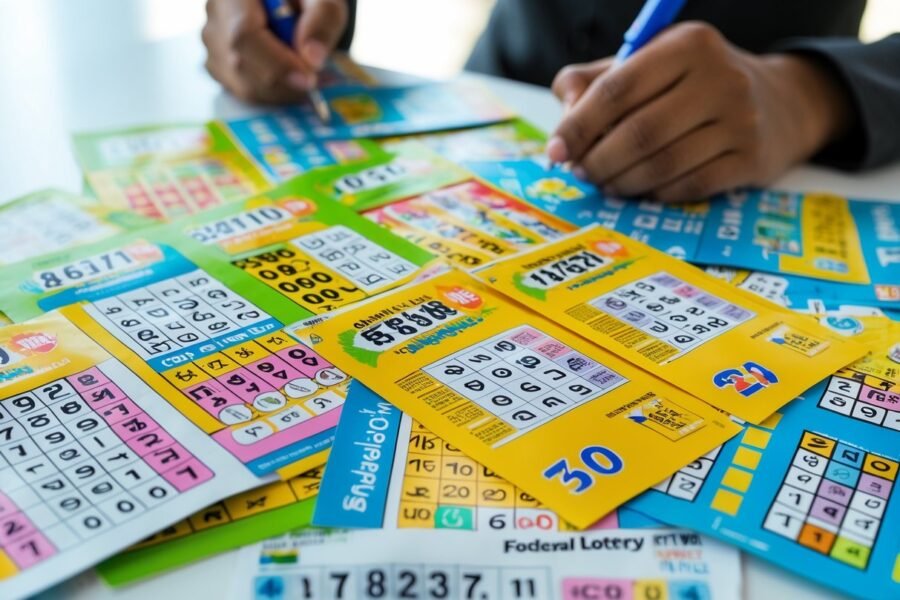 Muitas apostas da loteria federal espalhadas sobre uma superfície, com uma mão segurando uma caneta marcando números em um bilhete.