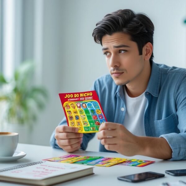 Pessoa sentada em uma mesa olhando pensativamente para um bilhete colorido relacionado ao jogo do bicho, em um ambiente iluminado e organizado.