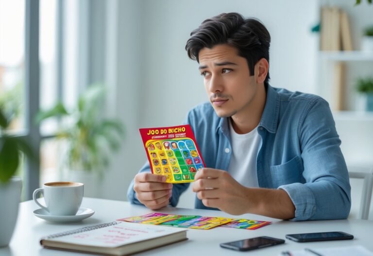 Pessoa sentada em uma mesa olhando pensativamente para um bilhete colorido relacionado ao jogo do bicho, em um ambiente iluminado e organizado.