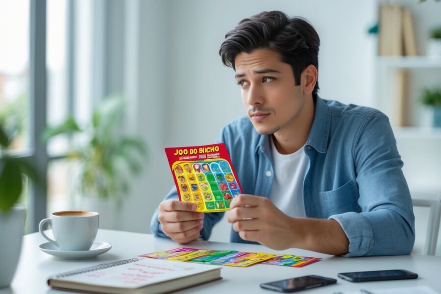 Pessoa sentada em uma mesa olhando pensativamente para um bilhete colorido relacionado ao jogo do bicho, em um ambiente iluminado e organizado.