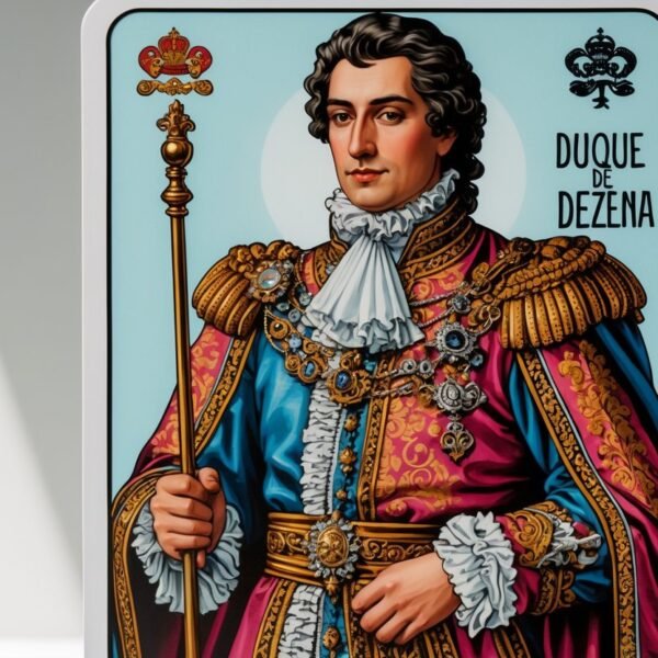 Carta de baralho mostrando um nobre com traje tradicional e detalhes ornamentados.